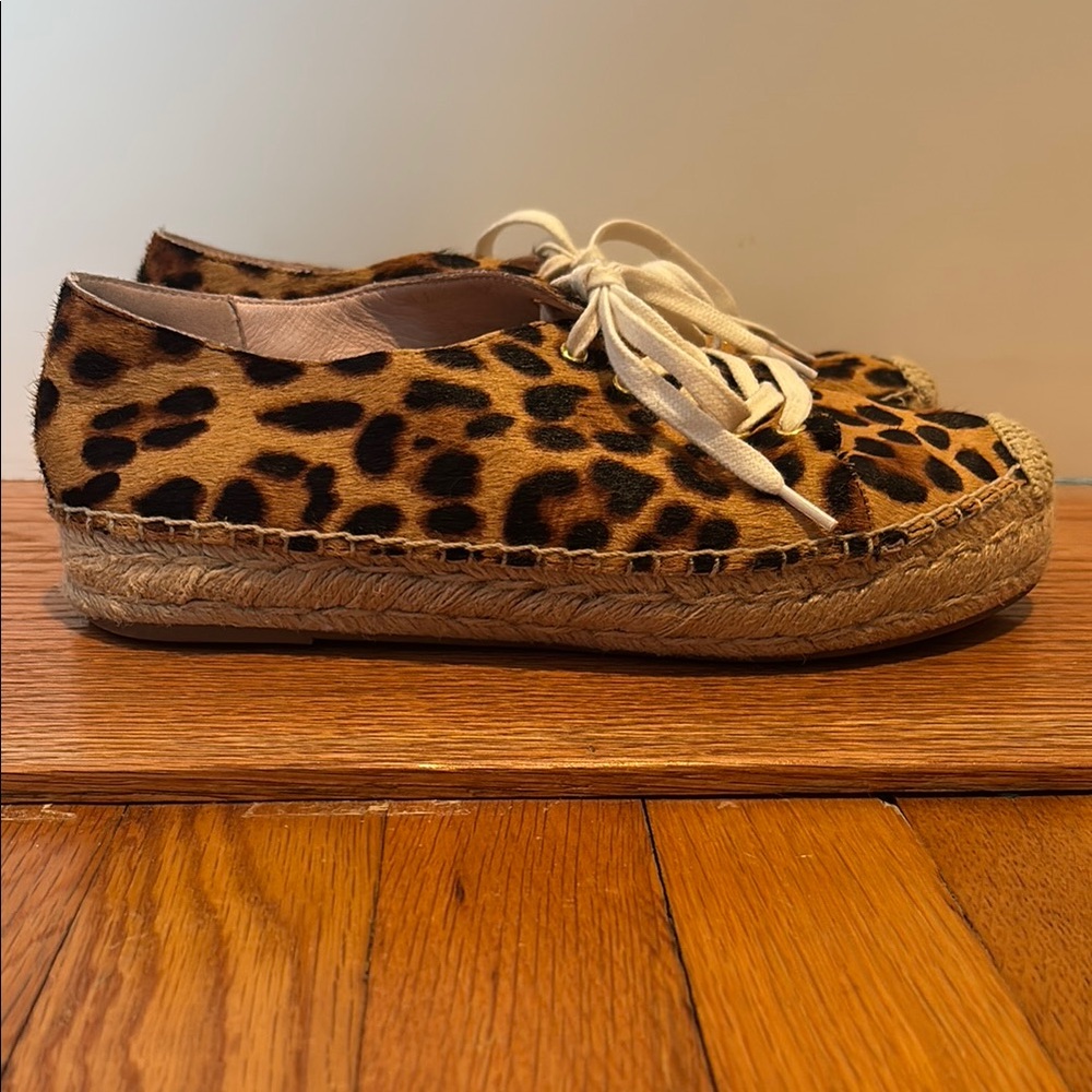 J Crew calf hair lace up espadrille sneakers in Rich Mahogany leopard print